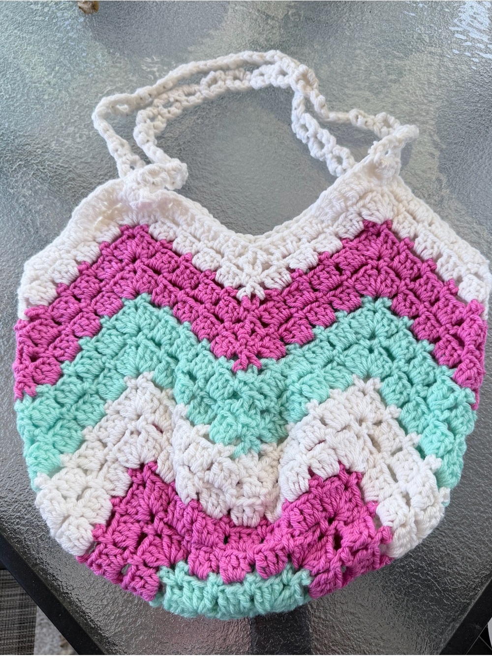 Handmade Crochet Chevron Shoulder Bag in Pink, Mint & Cream